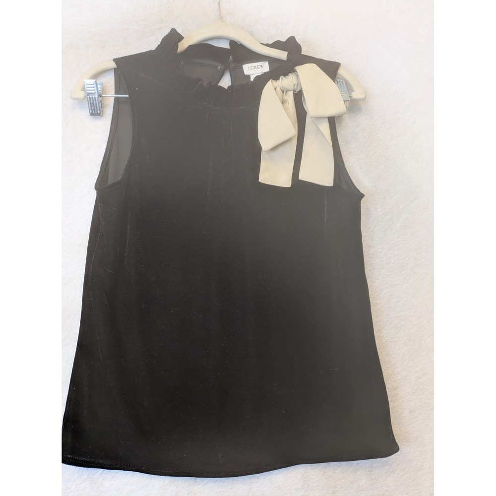 J.Crew Velvet Top Women's XXS Black Ruffle Neck Contrast Bow Sleeveless